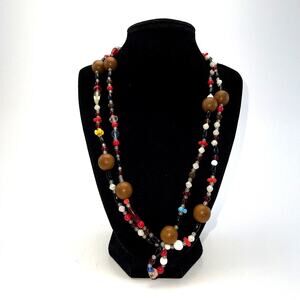 Vintage Necklace Wooden Bead Multi Colored Crystal Stone Bead Stone Long B#6